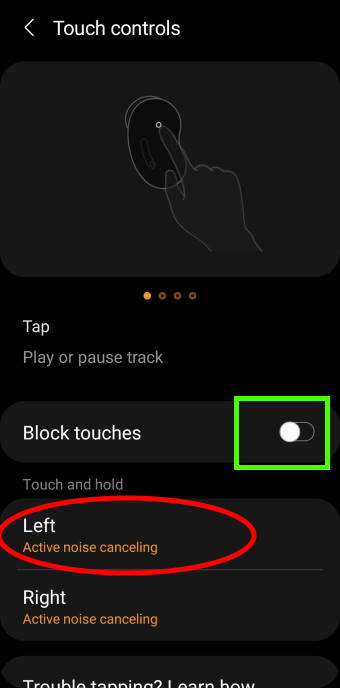 customize the tap and hold (long tap) gesture for touch control on Galaxy Buds Live: touch control settings