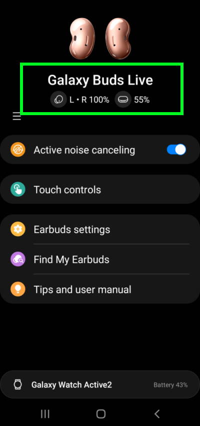 Check Galaxy Buds Live battery level and charging case battery level in Galaxy Wearable app (or Galaxy Buds app on iOS)