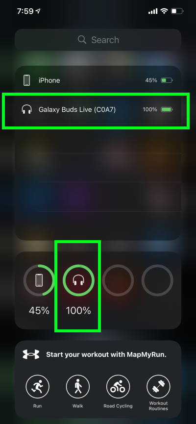 The battery level of Galaxy Buds Live is shown in the Battery widget in an iPhone.