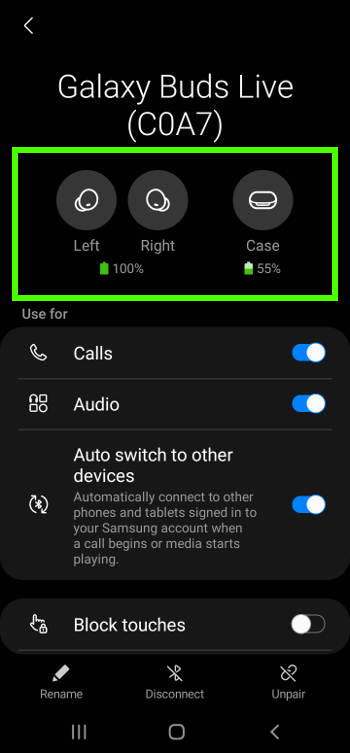 Manage Galaxy Buds Live in Bluetooth settings in Android