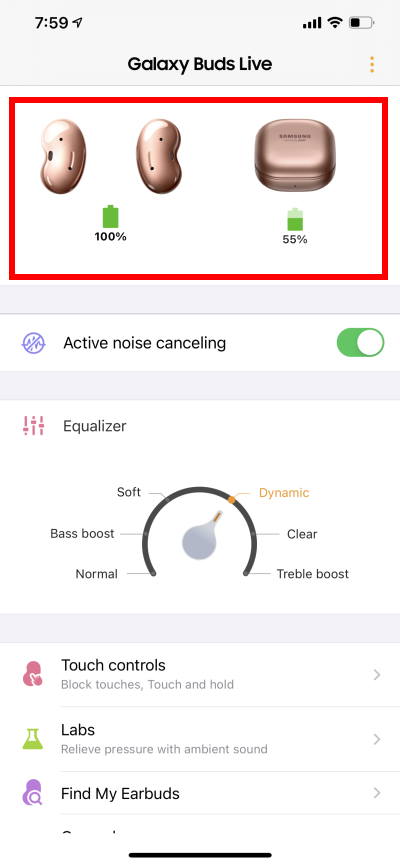Galaxy Buds Live battery level in Samung Galaxy Buds app in iPhone