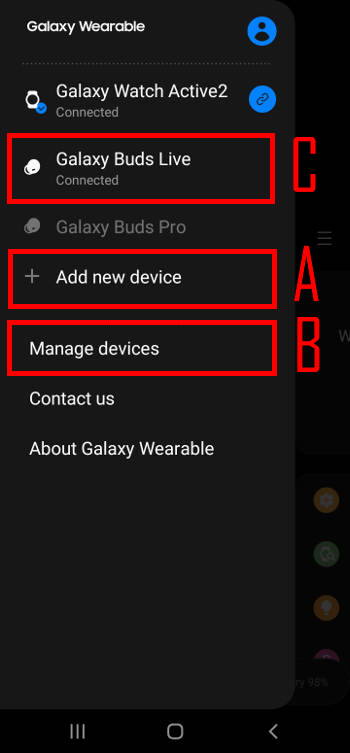 Galaxy Wearable app main menu