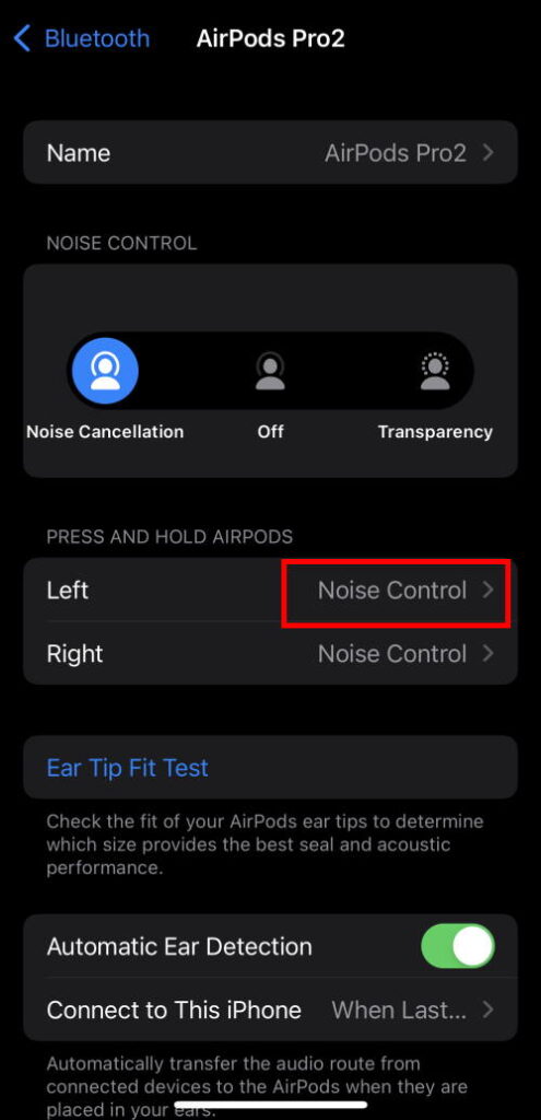 AirPods Pro Bluetooth settings, long-press gesture for the Force Sensor
