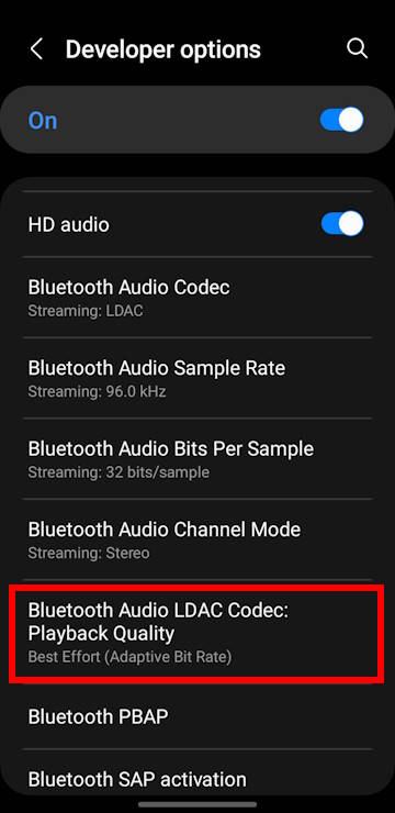 developer options: Bluetooth and codec settings