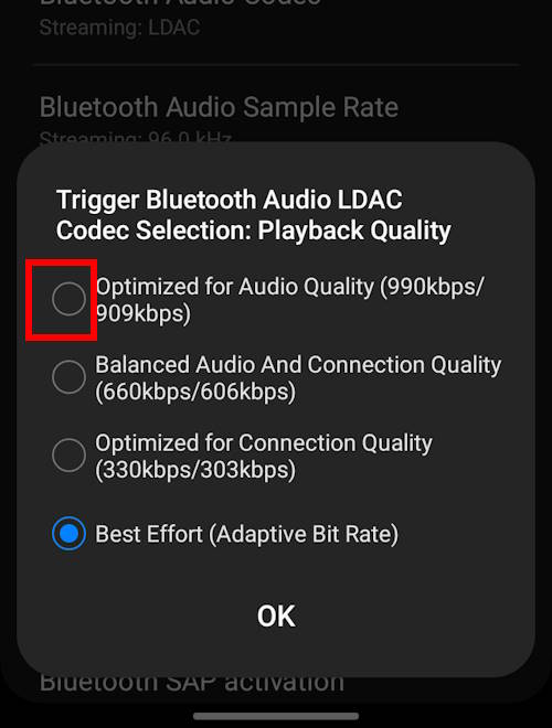 LDAC codec Playback quality: enable Hi-Res Audio