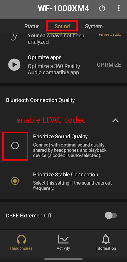 Headphone Connects app: Prioritize sound quality (enabling Hi-Res audio and LDAC codec).